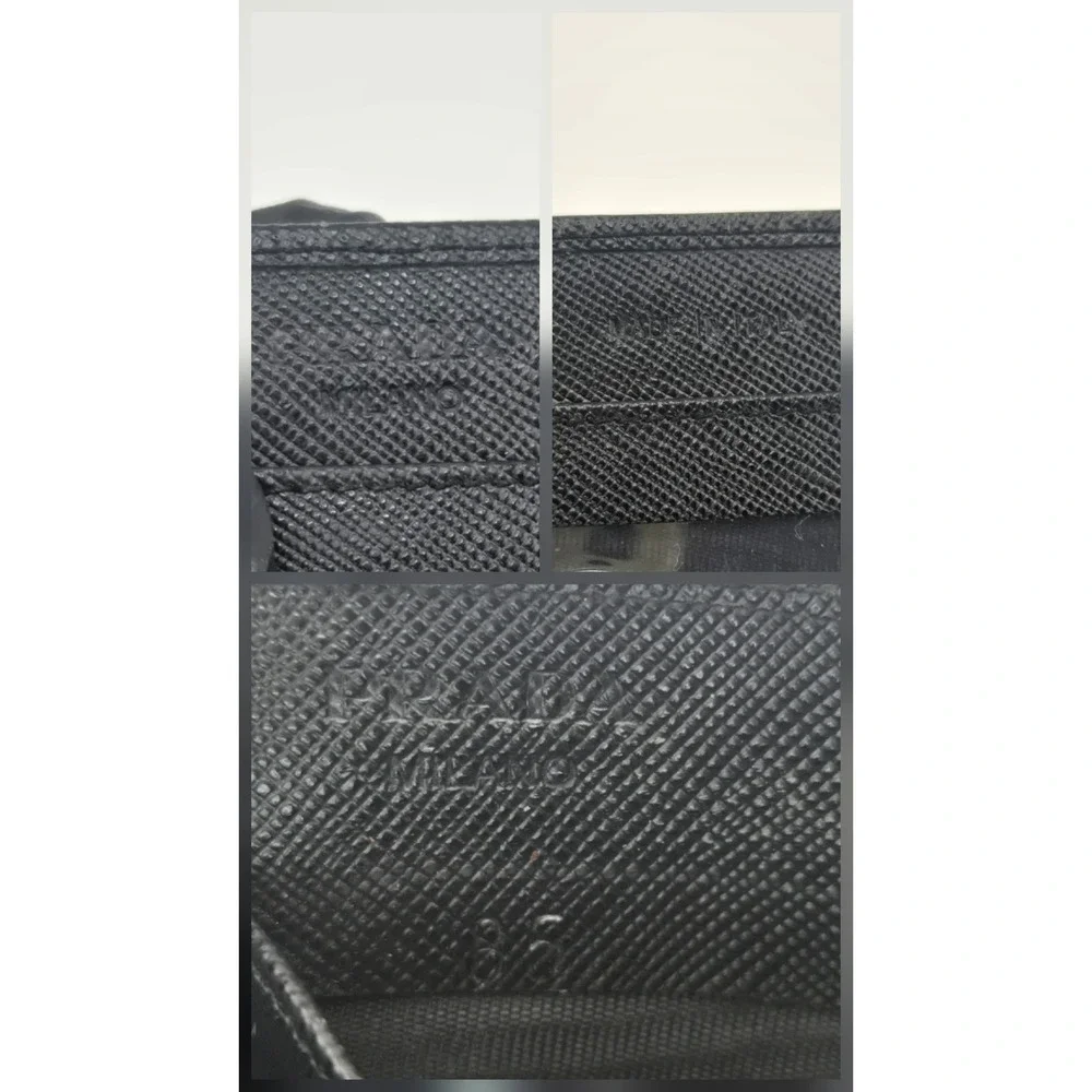 Prada Saffiano Leather Bifold Card Holder Wallet Black Triangle Logo ID Window